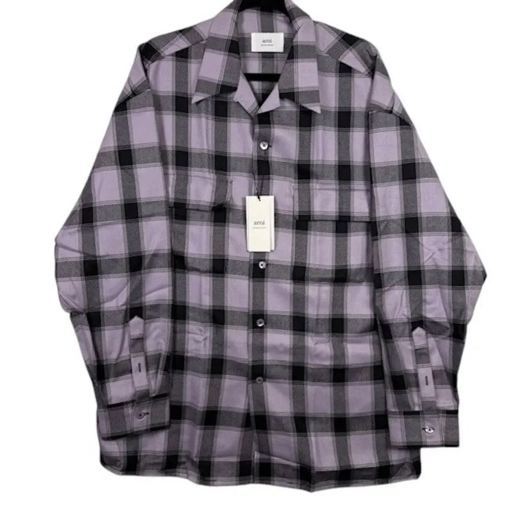 NEW!‎ Ami Paris 100% Virgin Wool Patch Pocket Shirt Parma Purple Black XL (EU42)